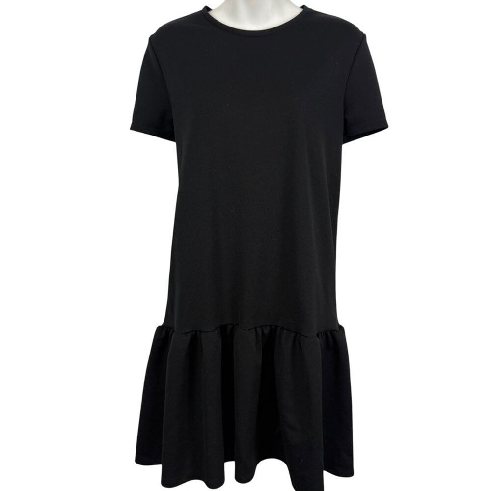 Zara Womens Black Short Sleeve Pullover Mini Shift Ruffle Dress Stretch Knit M